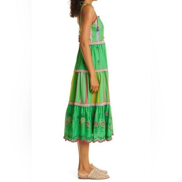 Farm Rio NWT Embroidered Tiered Dress Green Rainbow Stripe XS - Picture 5 of 8